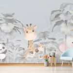 Fototapeten Giraffe und Elefant in einem Wald