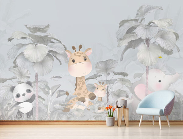 Giraffe und Elefant in einem Wald Fototapeten Giraffe und Elefant in einem Wald