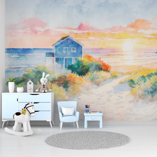 Aquarellmalerei eines Sonnenuntergangs über einem Gewässer Fototapeten Aquarellmalerei eines Sonnenuntergangs über einem Gewässer