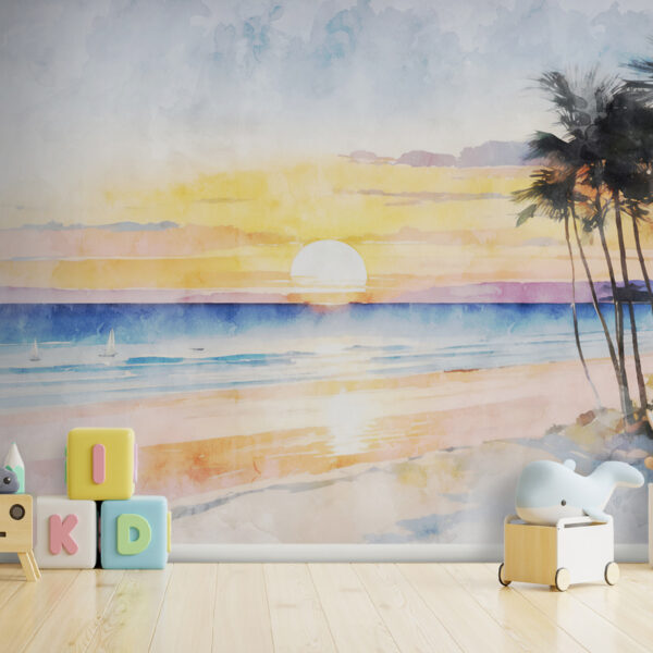 Aquarell eines Strandes mit Palmen und einem Sonnenuntergang Fototapeten Aquarell eines Strandes mit Palmen und einem Sonnenuntergang