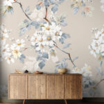 Fototapeten Zartes Blumenmuster auf beigem Hintergrund