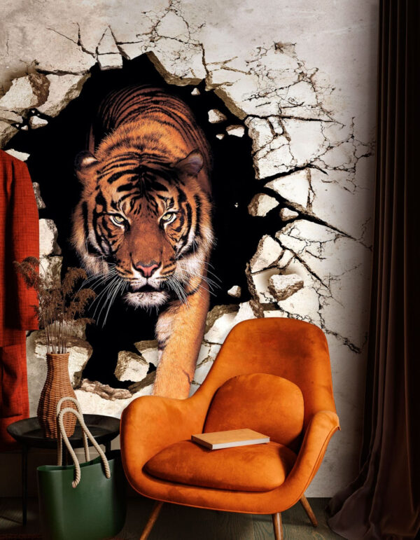 Tiger, der durch eine rissige Wand auftaucht Fototapeten Tiger, der durch eine rissige Wand auftaucht