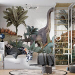 Fototapeten Dinosaurier, die durch üppiges Blattwerk streifen.