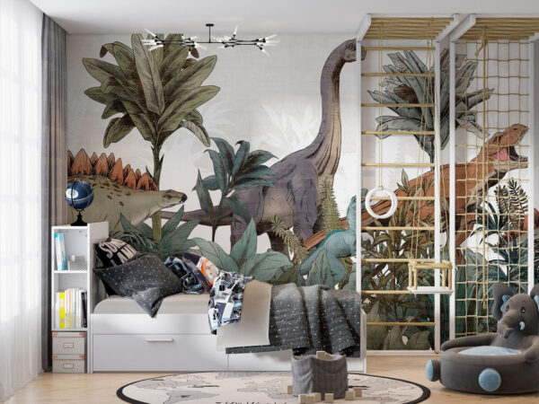 Dinosaurier, die durch üppiges Blattwerk streifen Fototapeten Dinosaurier, die durch üppiges Blattwerk streifen