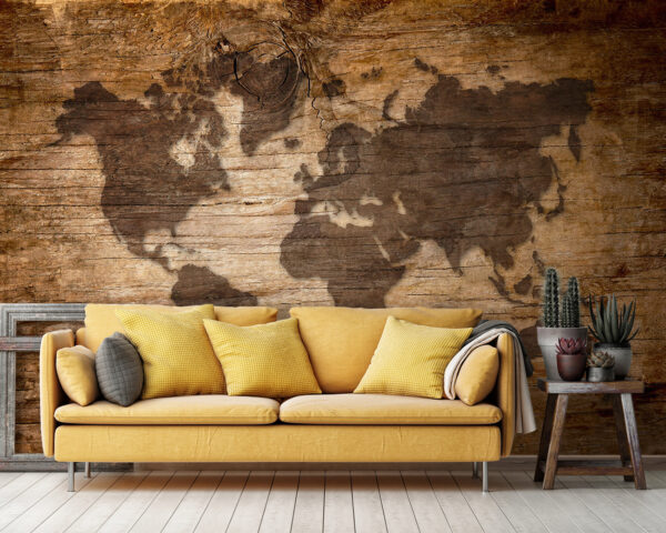 Karte der Welt auf einem Stück Holz Fototapeten Karte der Welt auf einem Stück Holz