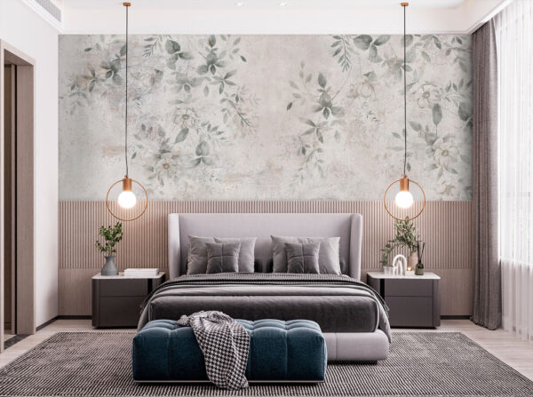 Weiße Wand mit aufgemalten Blättern Fototapeten Weiße Wand mit aufgemalten Blättern