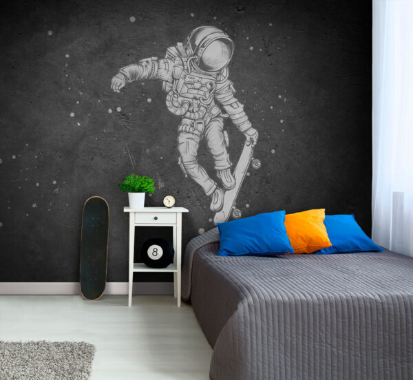 Ein Astronaut fährt mit dem Skateboard durch den Weltraum Fototapeten Ein Astronaut fährt mit dem Skateboard durch den Weltraum