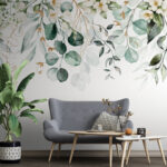Fototapeten Botanisches Aquarellgrün mit Blumen.