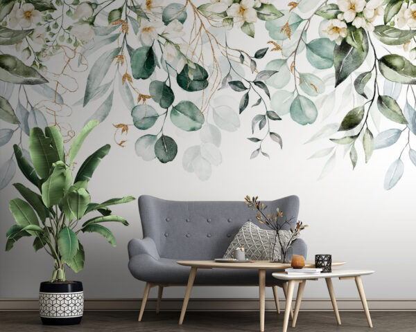 Botanisches Aquarellgrün mit Blumen Fototapeten Botanisches Aquarellgrün mit Blumen
