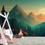 Fototapeten Landschaft mit Bergen und Bäumen