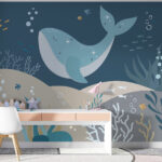 Fototapeten Blauwal mit Sternen und Fischen