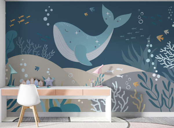 Blauwal mit Sternen und Fischen Fototapeten Blauwal mit Sternen und Fischen