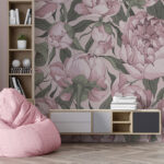 Fototapeten Rosa Pfingstrose mit Blumenmuster im Vintage-Stil.