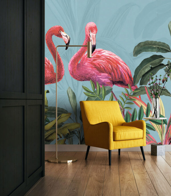 Tropische Flamingos inmitten von üppigem Blattwerk Fototapeten Tropische Flamingos inmitten von üppigem Blattwerk