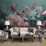 Fototapeten Flamingos inmitten üppiger Blumen.