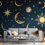 Fototapeten Mond und Sterne auf blauem Hintergrund