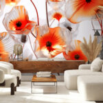 Fototapeten Durchscheinende Blüten mit leuchtend orangefarbener Mitte.