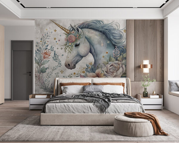 Bezauberndes, blumengeschmücktes Einhorn Fototapeten Bezauberndes, blumengeschmücktes Einhorn