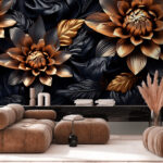Fototapeten Metallische Blumen mit dunklem Blattmuster.