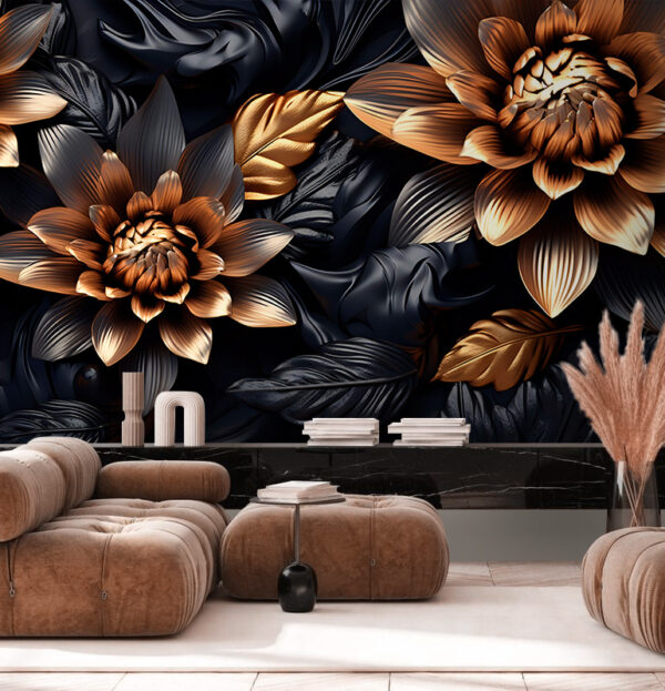 Metallische Blumen mit dunklem Blattmuster Fototapeten Metallische Blumen mit dunklem Blattmuster