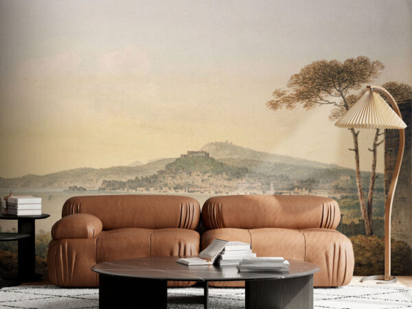 Fototapeten Landschaft mit einer Stadt und einem Gewässer