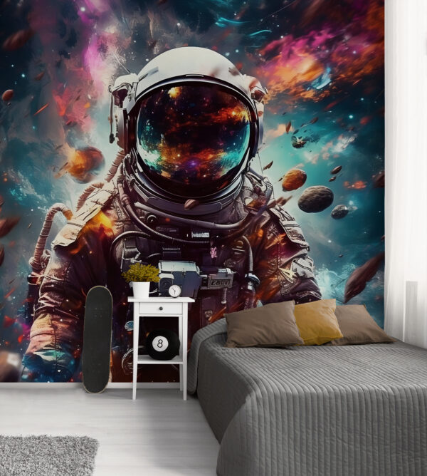 Astronaut schwebt inmitten von kosmischen Trümmern Fototapeten Astronaut schwebt inmitten von kosmischen Trümmern