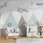 Fototapeten Hintergrundbild mit Flugzeugen und Heißluftballons