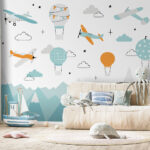 Fototapeten Hintergrundbild mit Flugzeugen und Heißluftballons