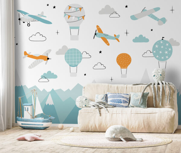 Hintergrundbild mit Flugzeugen und Heißluftballons Fototapeten Hintergrundbild mit Flugzeugen und Heißluftballons