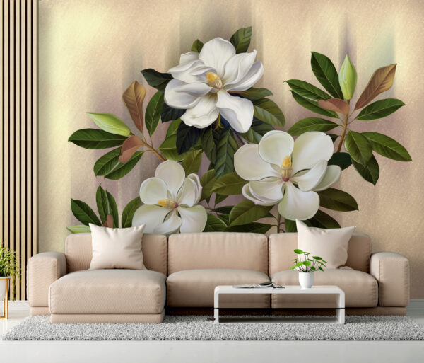 Elegante Blüten mit üppigen grünen Blättern Fototapeten Elegante Blüten mit üppigen grünen Blättern