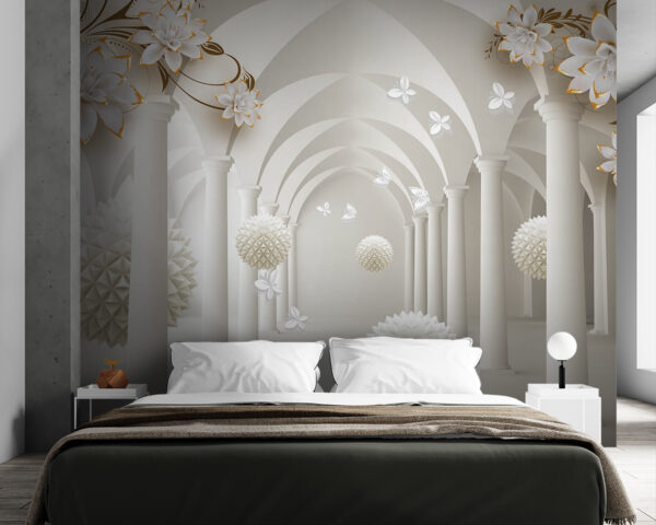 Eleganter Saal mit schwebenden Blumenkugeln Fototapeten Eleganter Saal mit schwebenden Blumenkugeln
