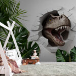 Fototapeten Der Dinosaurier taucht durch einen Riss in der Wand auf