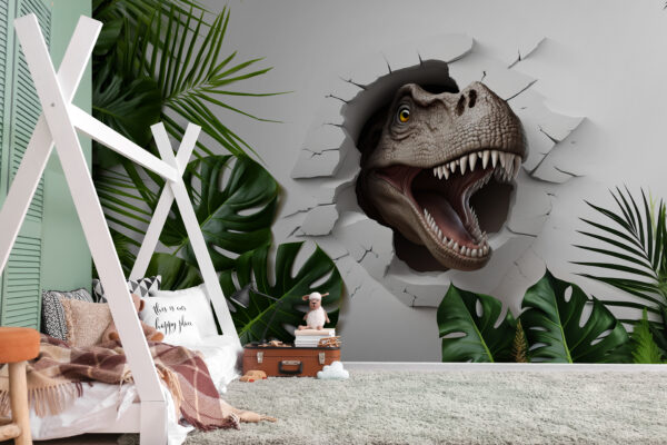 Der Dinosaurier taucht durch einen Riss in der Wand auf Fototapeten Der Dinosaurier taucht durch einen Riss in der Wand auf