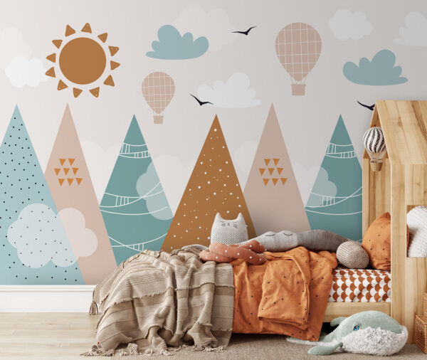 Berge und Ballons unter sonnigem Himmel Fototapeten Berge und Ballons unter sonnigem Himmel