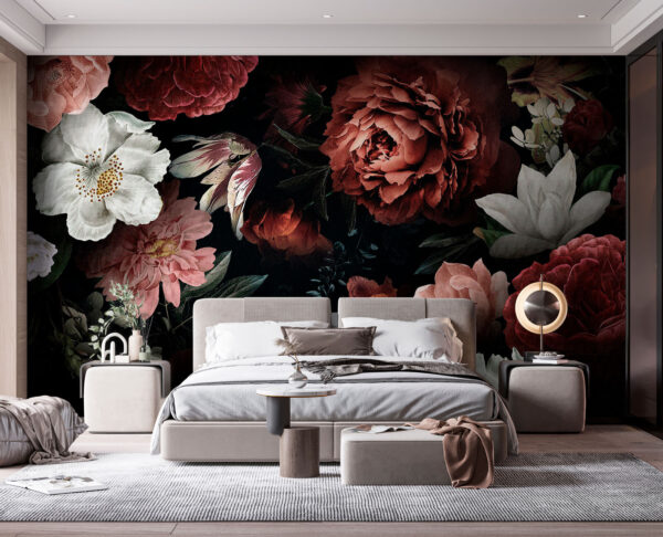 Dunkle florale Eleganz mit blühender Schönheit Fototapeten Dunkle florale Eleganz mit blühender Schönheit