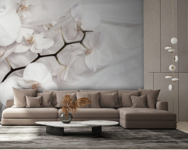 Weiße Orchideen auf weißem Stoff Fototapeten Weiße Orchideen auf weißem Stoff