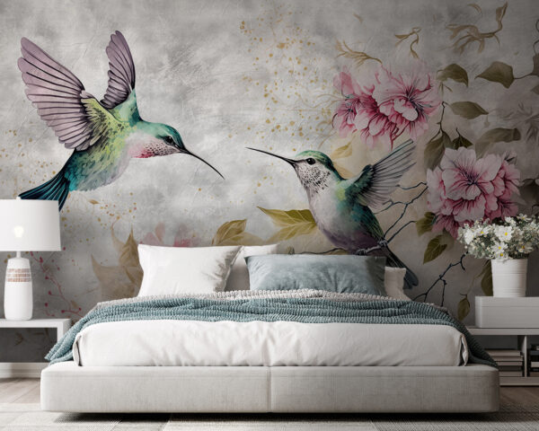 Kolibris tanzen zwischen zarten Blüten Fototapeten Kolibris tanzen zwischen zarten Blüten