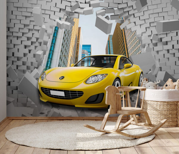 Sportwagen durchbricht Mauer Fototapeten Sportwagen durchbricht Mauer
