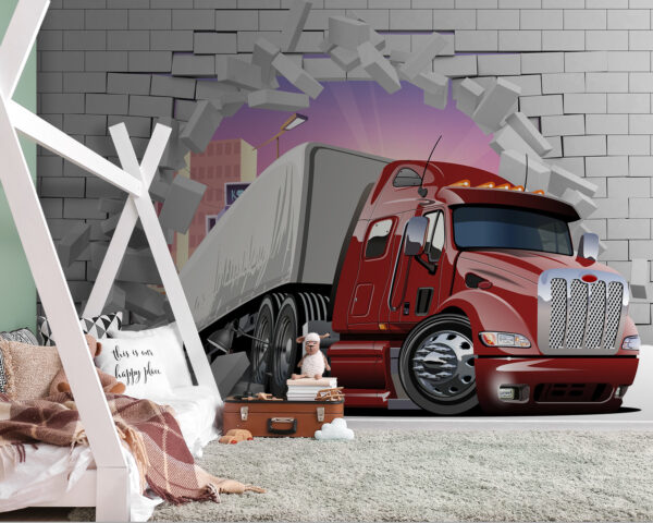 Der Lkw durchbricht die Mauer Fototapeten Der Lkw durchbricht die Mauer