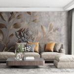 Fototapeten Metallische florale Eleganz vor pastellfarbenem Hintergrund.