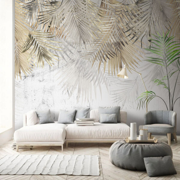 Elegante Palmenblätter auf strukturiertem Hintergrund Fototapeten Elegante Palmenblätter auf strukturiertem Hintergrund
