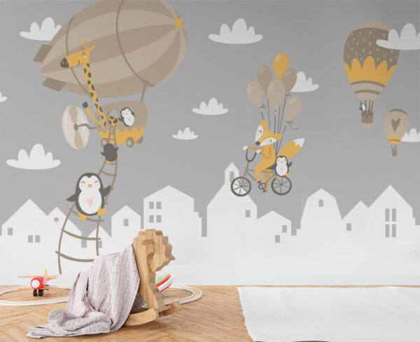 Giraffe und Pinguin in einem Heißluftballon Fototapeten Giraffe und Pinguin in einem Heißluftballon