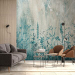 Fototapeten Blaue Silhouetten von Wildblumen auf Leinwand