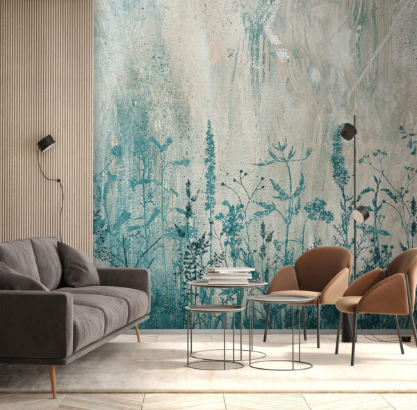 Blaue Silhouetten von Wildblumen auf Leinwand Fototapeten Blaue Silhouetten von Wildblumen auf Leinwand