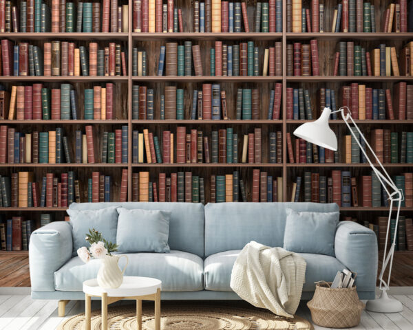 Reihe von Büchern in einem Regal Fototapeten Reihe von Büchern in einem Regal