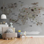 Fototapeten Karte der Welt mit Tieren