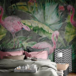 Fototapeten Rosa Flamingo und grüne Blätter