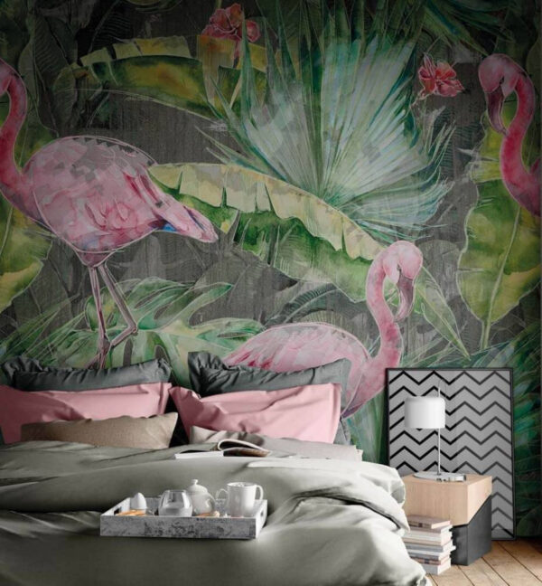 Rosa Flamingo und grüne Blätter Fototapeten Rosa Flamingo und grüne Blätter