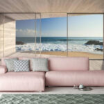 Fototapeten Blick auf das Meer vom modernen Zimmer aus.