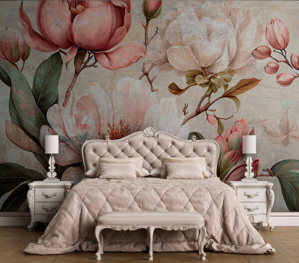 Blumige Vintage-Illustration mit Magnolien Fototapeten Blumige Vintage-Illustration mit Magnolien